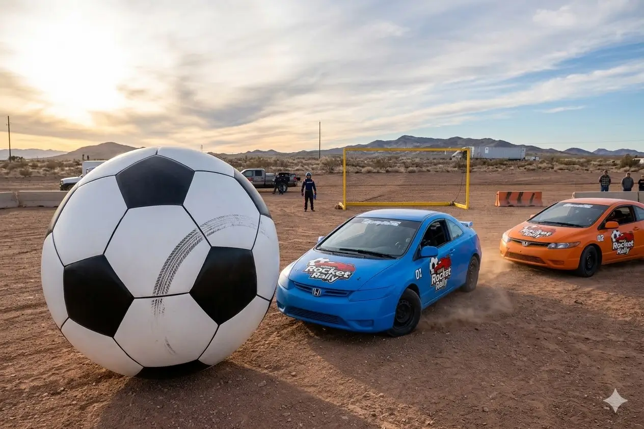 Cars chasing the ball near the goal