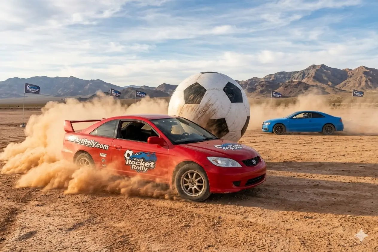Rally car facing the giant ball